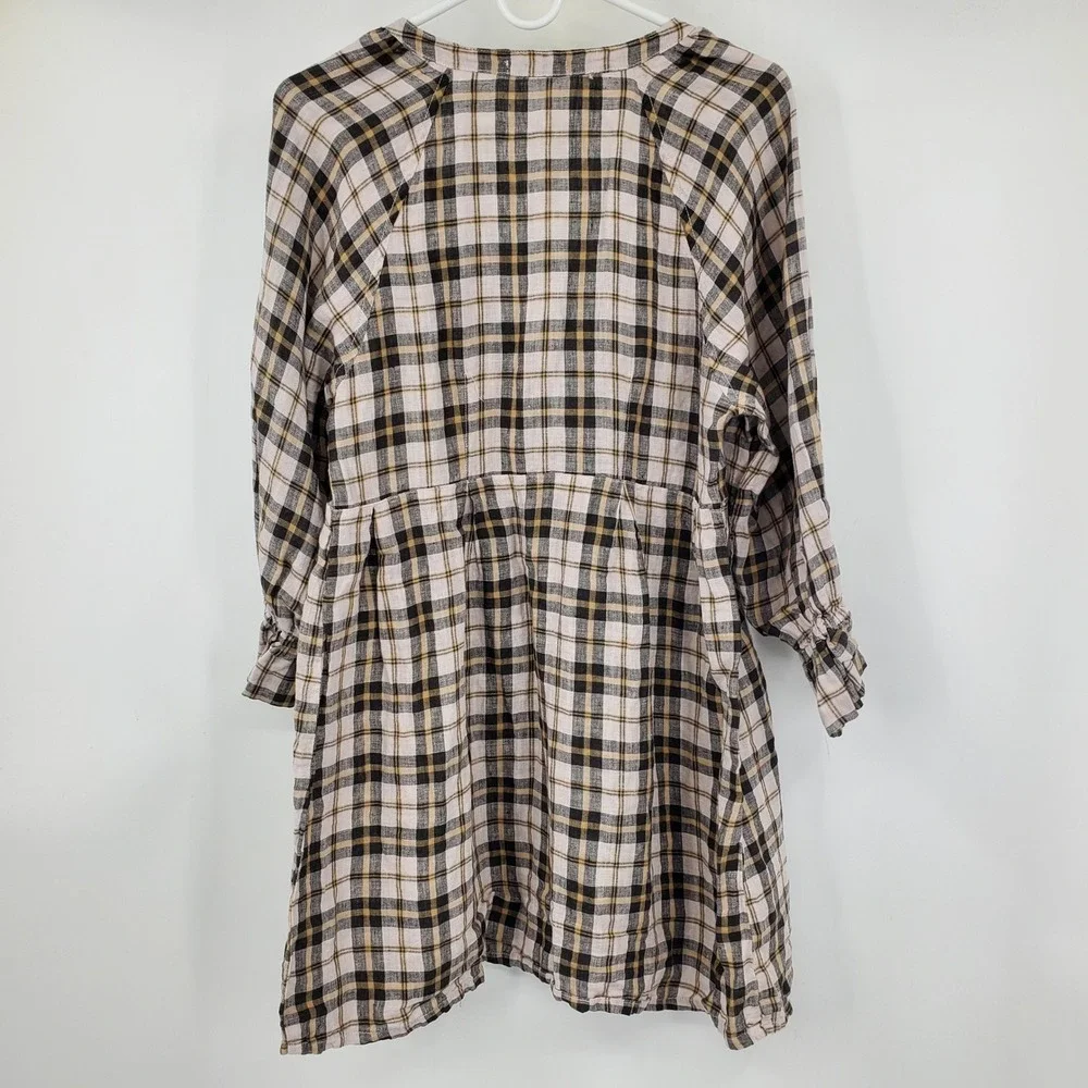 Free People x CP Shades Plaid Linen Mini Dress Tan Black V-Neck Boho Small